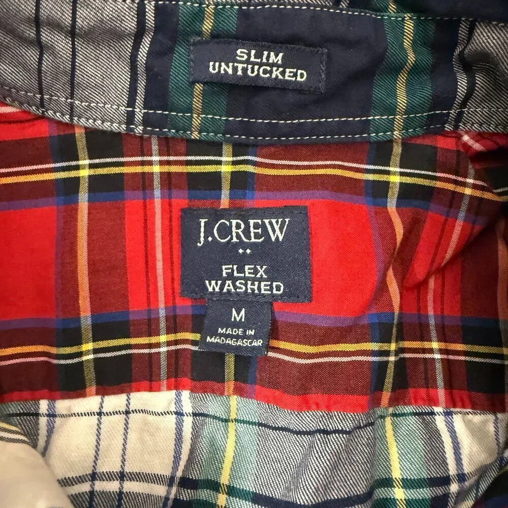 J Crew Re-Imagined Plaid Patchwork Flex Washed Slim Untucked Sz Medium